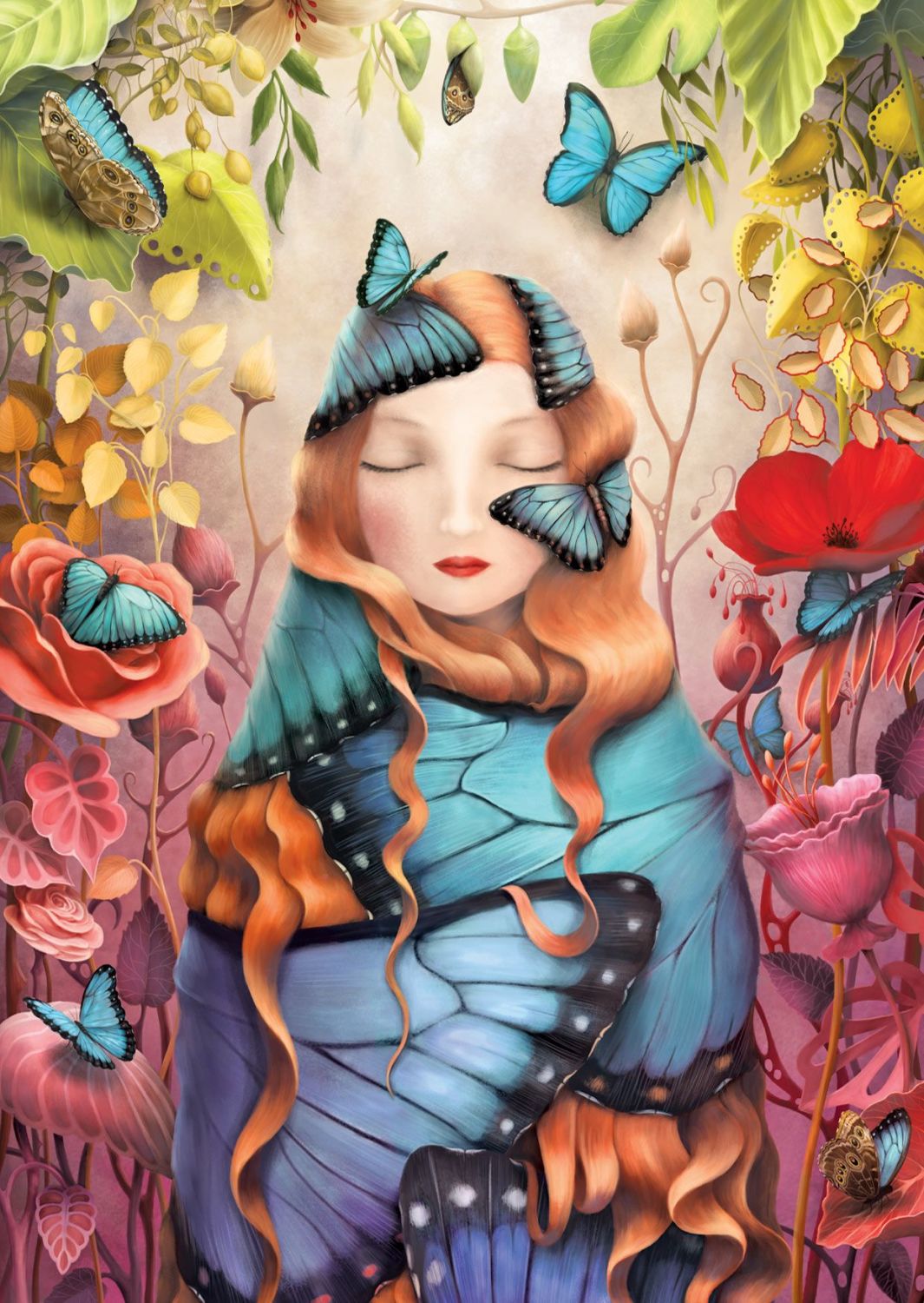 Artistic depiction of a woman with butterflies in her hair surrounded by flowers and foliage.