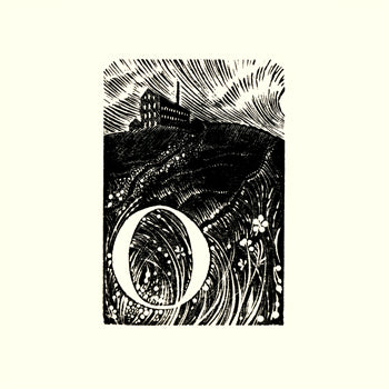 Black and white illustration of a hill with a mill in Yorkshire and large letter 'O' at the entrance.Kate Lycett,wood engraving,Hebden Bridge, A-Z,Old Town,print