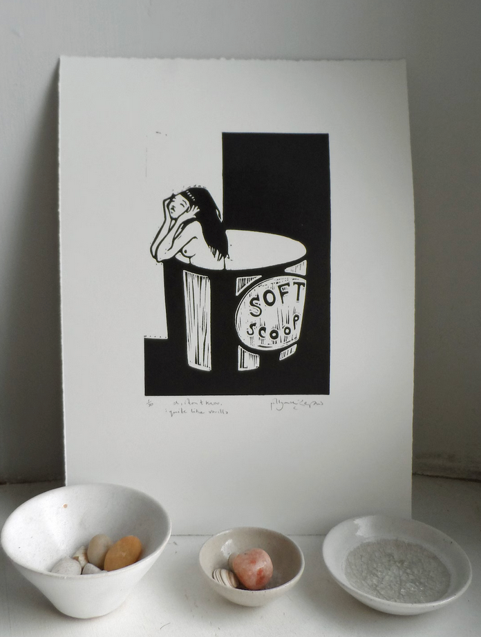 Polly Marix-Evans,black and white linocut,Heart Gallery,Hebden Bridge,Soft Scoop,Ice-Cream