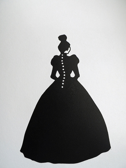 A signed and titled original linocut print by Polly Marix-Evans, depicting a silhouette of a woman in a dress, displayed on a white piece of paper with some decorative objects around it.