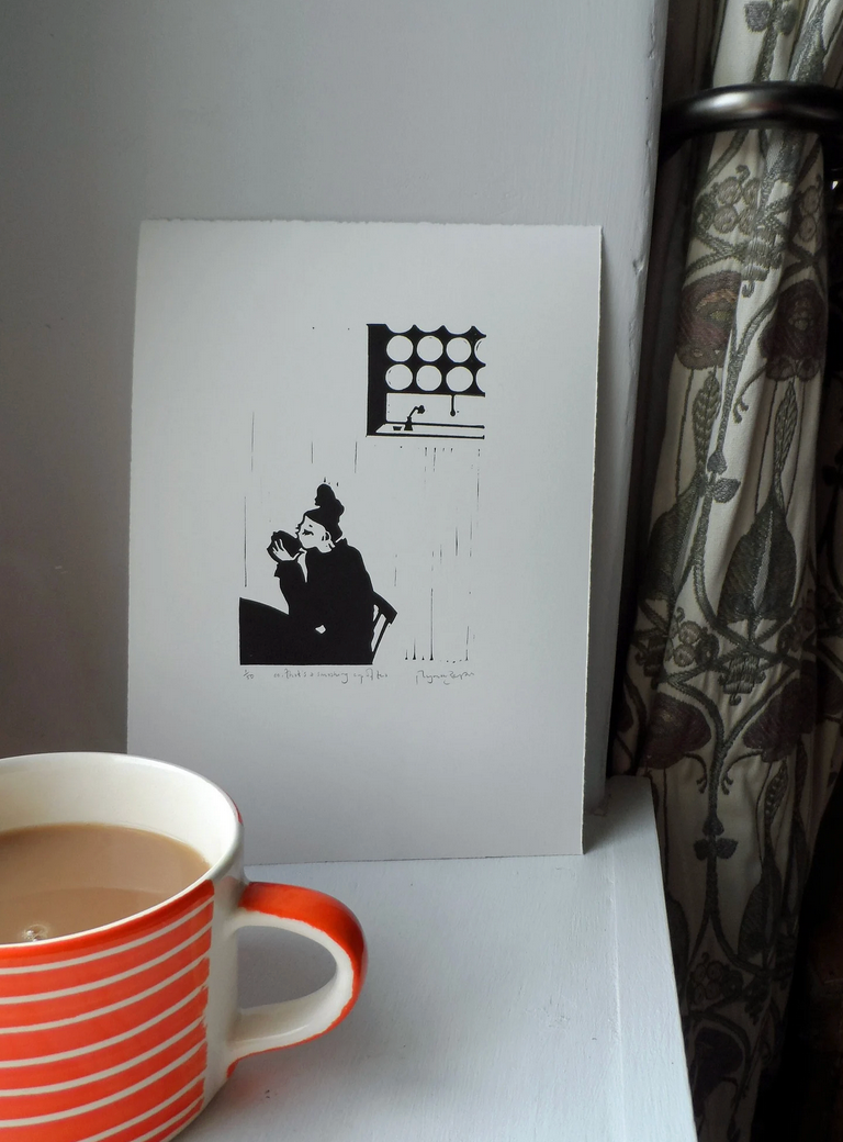 Polly Marix Evans,black and white linocut,Heart Gallery,Hebden Bridge