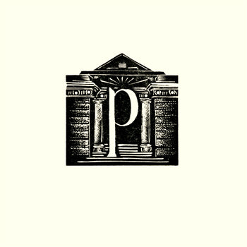 Decorative black and white logo with architectural elements and a letter 'P'. Kate Lycett,wood engraving,Hebden Bridge, A-Z,Picture House,print,cinema