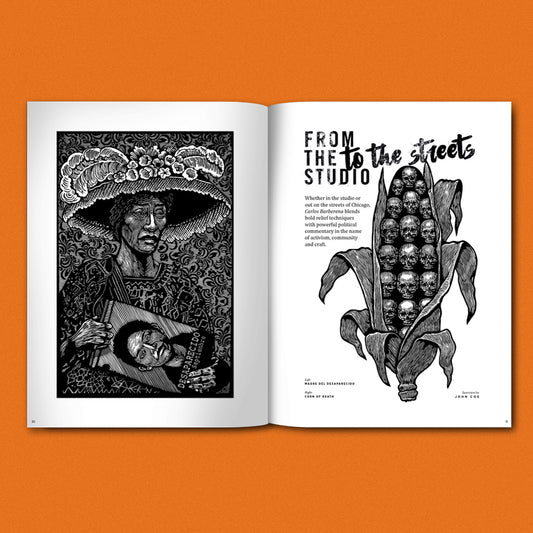 Open book with black and white illustrations on an orange background Pressing Matters magazine celebrating modern printmaking