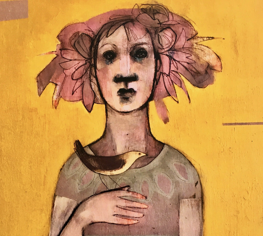 Artistic depiction of a person with floral headpiece on a yellow background Queen of The Midsummer A3 print Letitia Thompson Mrs Bertimus