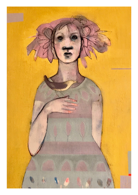 Artistic depiction of a person with pink hair and a patterned dress on a yellow background Queen of The Midsummer A3 print Letitia Thompson