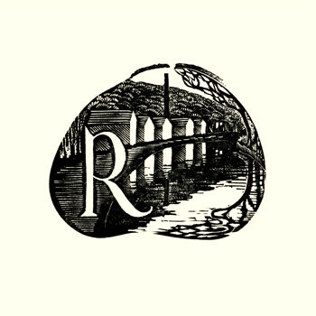 Black and white illustration of a letter 'R' with a scenic background on a canal, Kate Lycett,wood engraving,Hebden Bridge, A-Z,Rochdale Canal,print