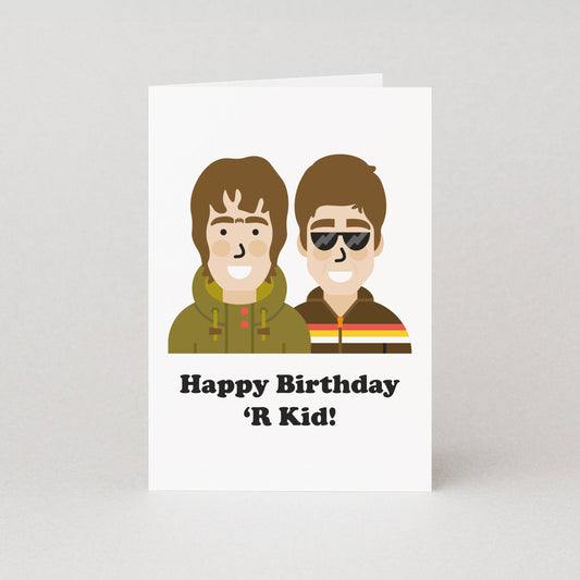 white birthday card featuring manchester lads Liam and Noel - humourous card