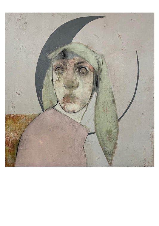 Artistic depiction of a figure with a halo on a textured background - Rabbit Girl by Letitia Thompson