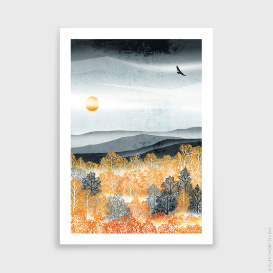 Ruth Thorp - Autumn Mist - A4 print artwork Heart Gallery Hebden Bridge. This illustrated art print forms part of Ruth’s Golden Forest collection of 6 A4 prints