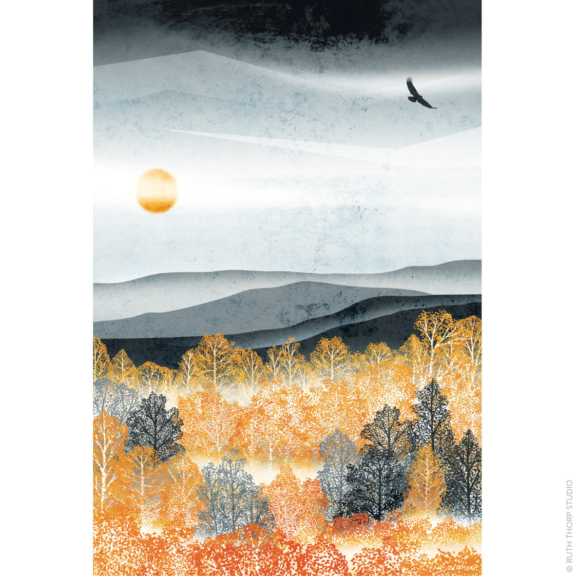 Ruth Thorp - Autumn Mist - A4 print artwork. This illustrated art print forms part of Ruth’s Golden Forest collection of 6 A4 prints