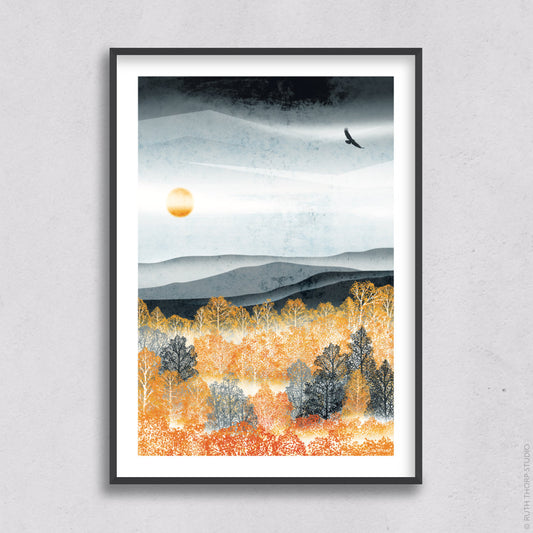 Ruth Thorp - Autumn Mist - A4 print artwork. This illustrated art print forms part of Ruth’s Golden Forest collection of 6 A4 prints