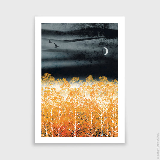 Ruth Thorp - Night Light - A4 print artwork. This illustrated art print forms part of Ruth’s Golden Forest collection of 6 A4 prints