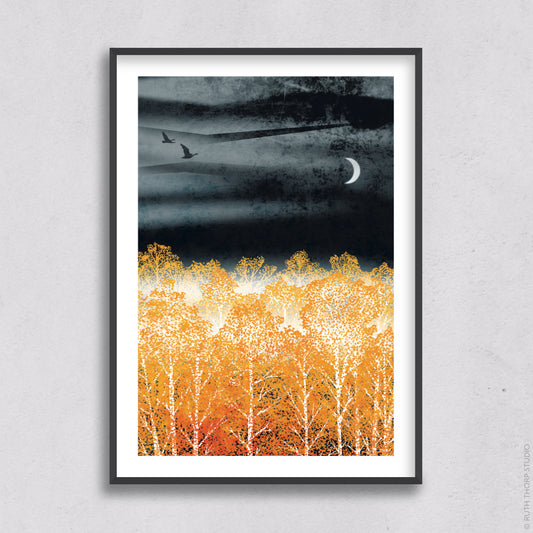 Ruth Thorp - Night Light - A4 print artwork Heart Gallery Hebden Bridge. This illustrated art print forms part of Ruth’s Golden Forest collection of 6 A4 prints