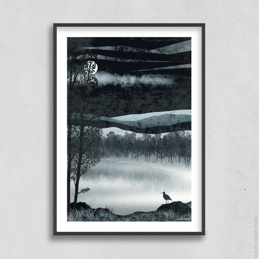 Ruth Thorp - Silver Loch - A4 print artwork.  This illustrated art print forms part of Ruth’s Golden Forest collection of 6 A4 prints