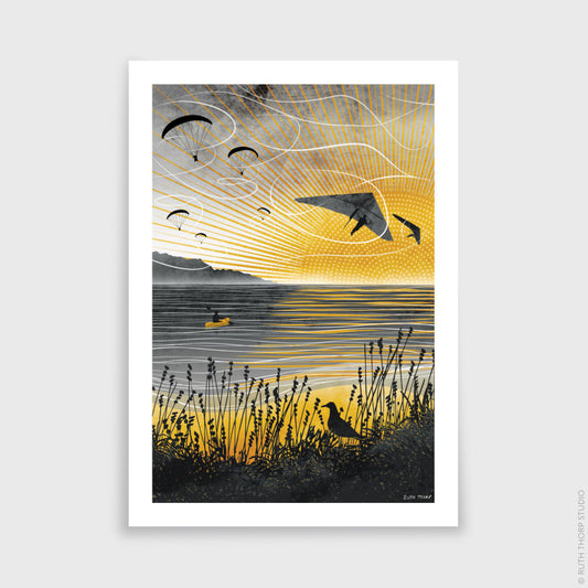 Ruth Thorp - Sunset Flight - A4 print artwork. This illustrated art print forms part of Ruth’s Journey collection of 6 A4 prints for HEert Gallery