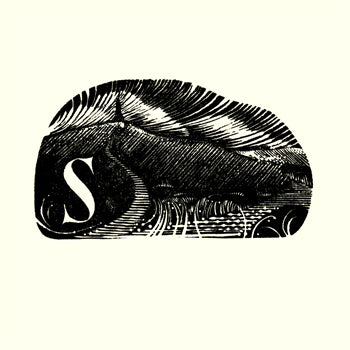 Black and white illustration of a path through some fields a central 'S' design on a white background, Kate Lycett,wood engraving,Hebden Bridge, A-Z,AStoodley Pike,print,Todmorden