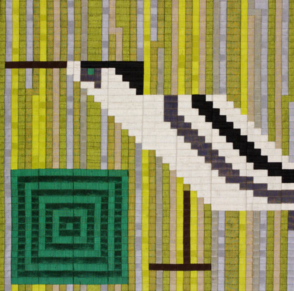Pixelated design of a bird in a forest with green and brown tones