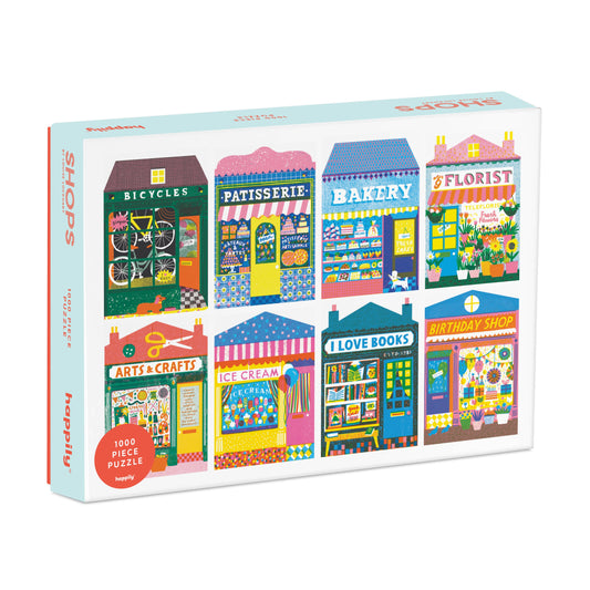 Box of a puzzle with colorful illustrations of various shops on a white background