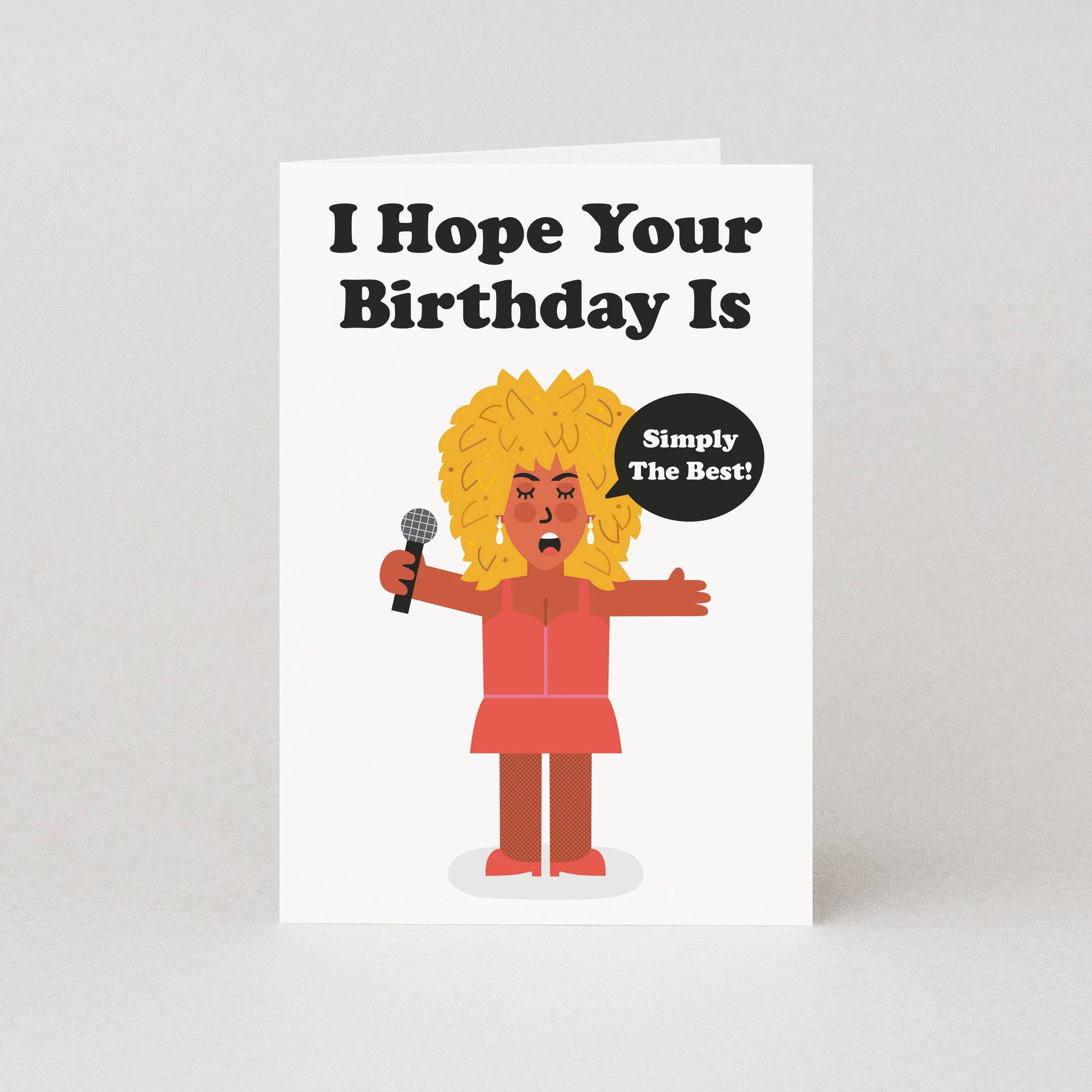 Birthday card with cartoon character Tina Turnerholding a microphone and text on a white background
