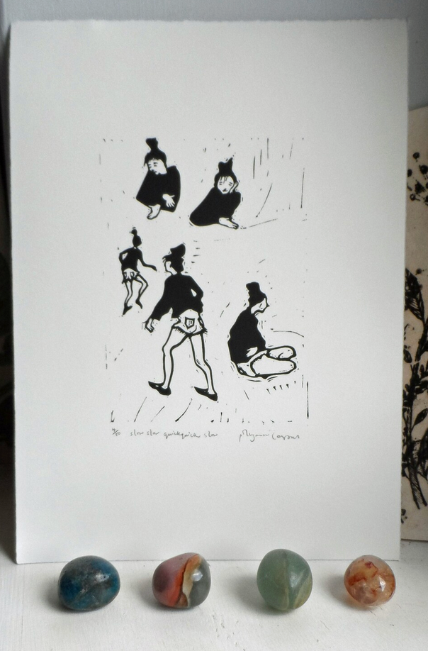 linocut print by polly Marix Evans limited edition of only 50 black and white