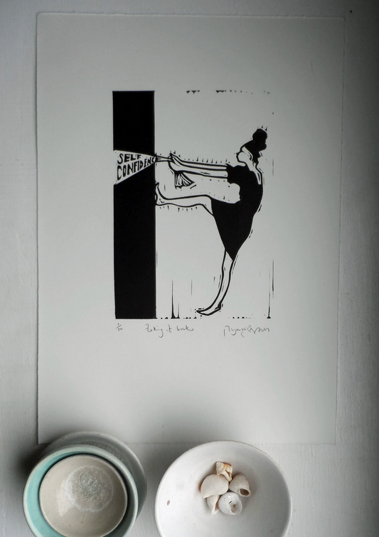 Polly Marix-Evans,black and white linocut,Heart Gallery, Hebden Bridge,self confidence