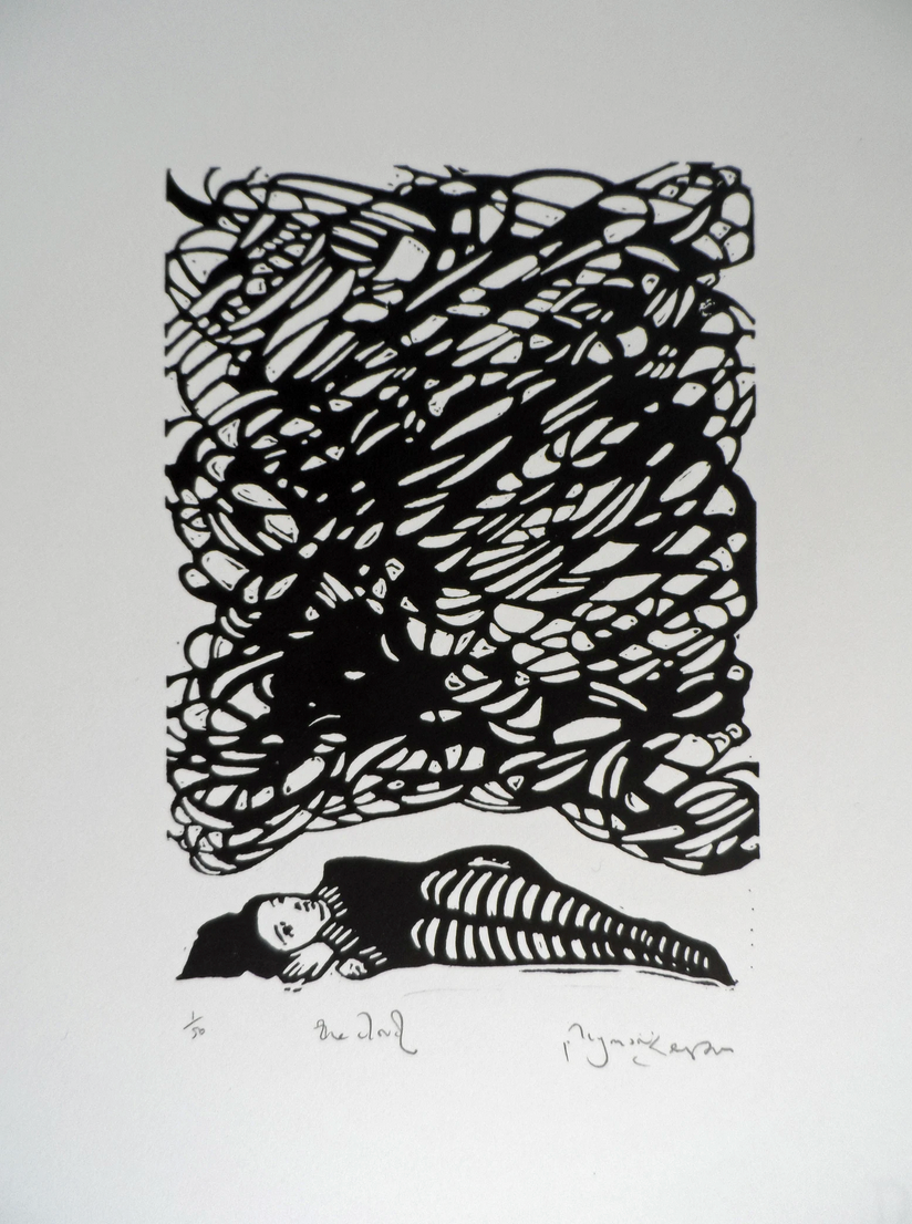 Polly Marix Evans,black and white linocut,Heart Gallery,Hebden Bridge,Black Cloud