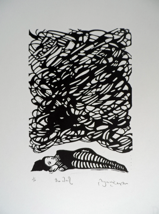 Polly Marix Evans,black and white linocut,Heart Gallery,Hebden Bridge,Black Cloud