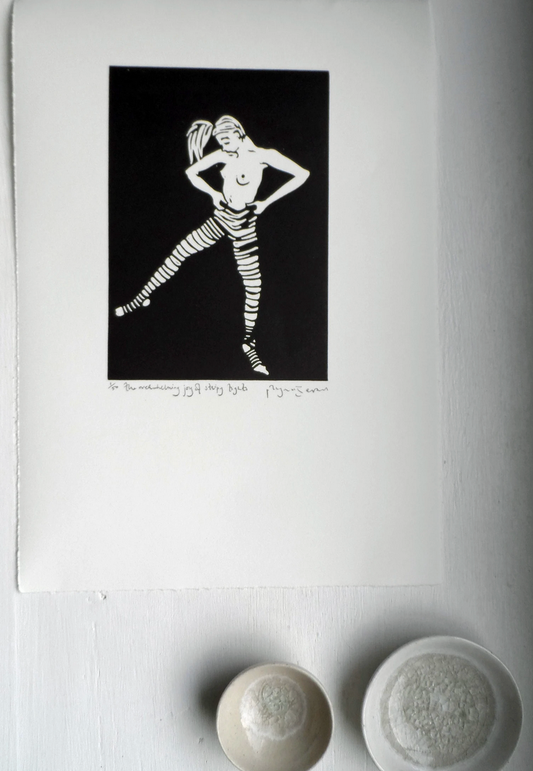 Polly Marix Evans,black and white linocut,Heart Gallery,Hebden Bridge,stripy tights