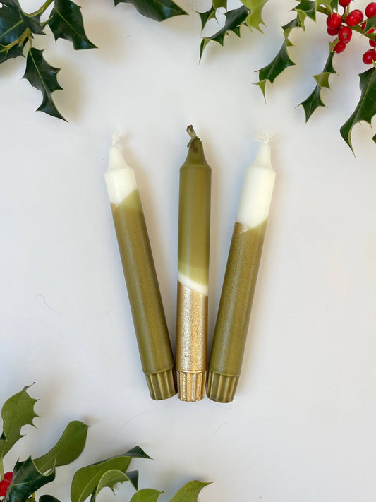 The Singing Rabbit 3 hand dip dyed candles in olive green and gold for Heart Gallery