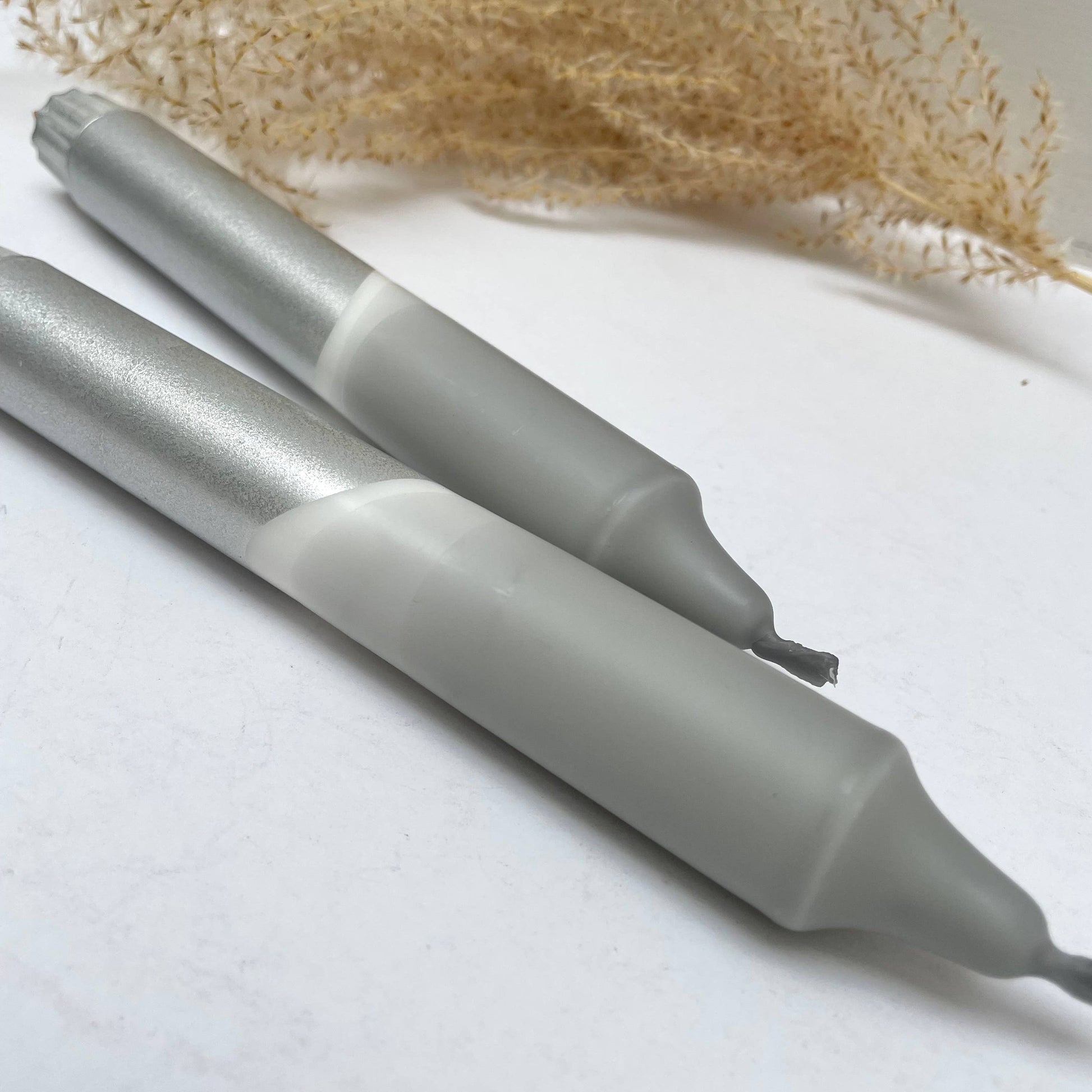The Singing Rabbit hand dip dyed candles set of 2 grey and silver