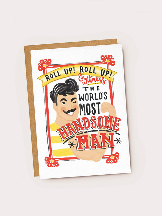 Greeting card with illustration of a man and humorous text on a white background