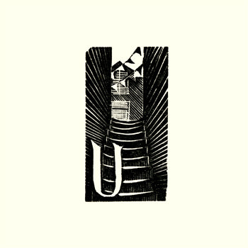 Black and white illustration of a stylized letter 'U' with steep steps between buildings, Kate Lycett,wood engraving,Hebden Bridge, A-Z,unity Street,print
