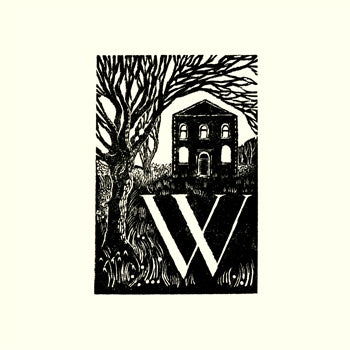 Black and white illustration of a chapel with a tree and the letter 'W' on a white background, Kate Lycett,wood engraving,Hebden Bridge, A-Z,Wainsgate Chapel,print
