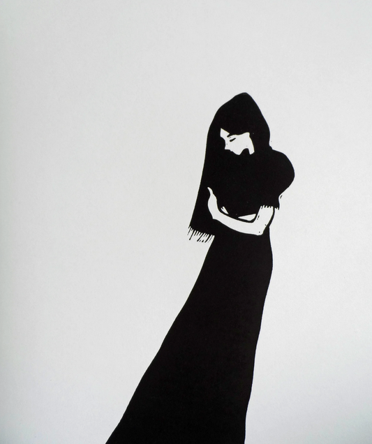 A signed and titled The Waiting Game linocut print by Polly Marix-Evans, depicting a figure in black attire, displayed on a white background paper, unmounted and unframed