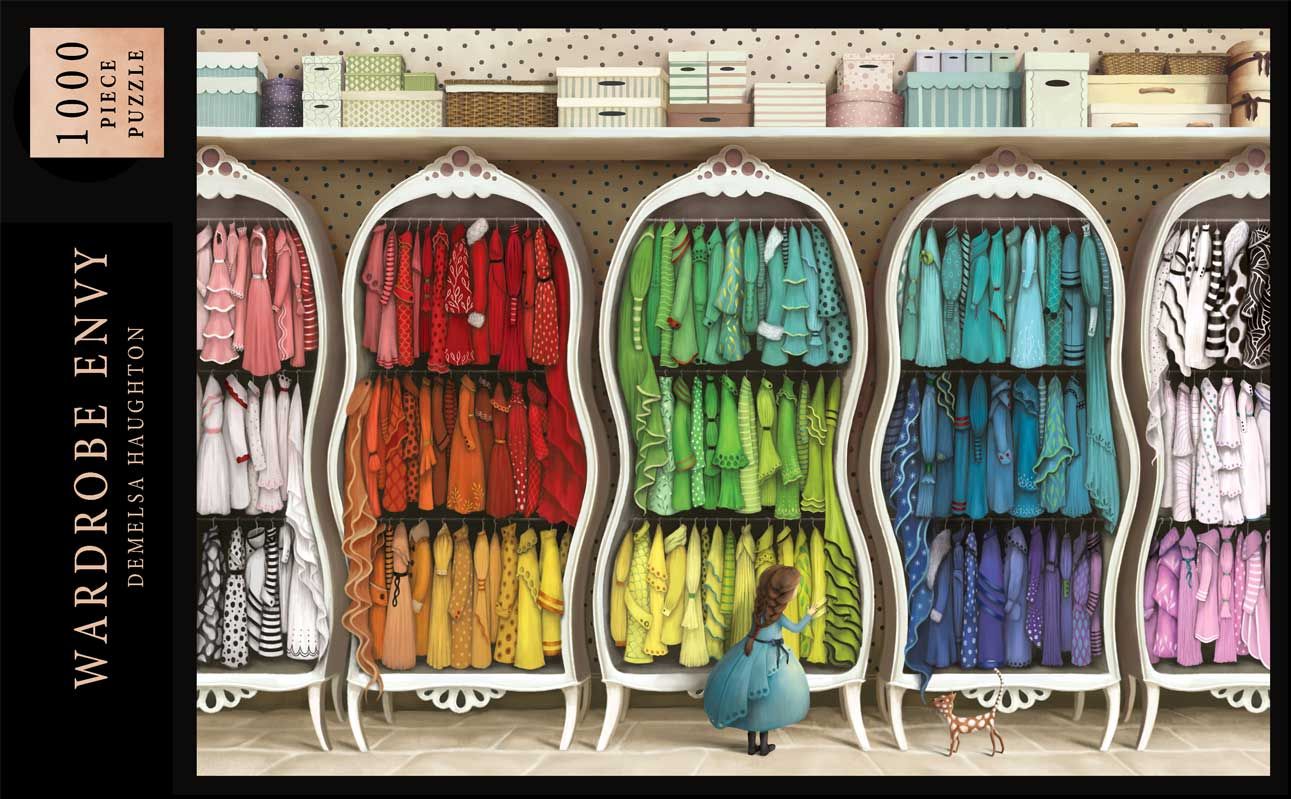 Wardrobe Envy puzzle packaging with colorful wardrobe design and a woman looking into it.
