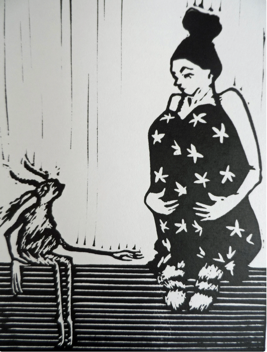 Original editioned linocut by Polly Marix-Evans, depicting a figure with a cat, signed and titled, on smooth white printmaking paper called We All HAve our own Demons