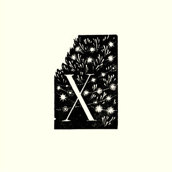 Black and white illustration of a letter 'X' on a |Christmas Tree, Kate Lycett,wood engraving,Hebden Bridge, A-Z,Xmas Tree,print