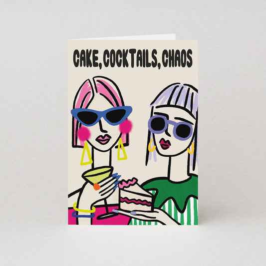 cake cocktails chaos colourful birthday card, female, local designer, best friends
