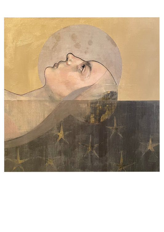 Artistic depiction of a face with a gold halo and starry background If The Stars A3 print. by Mrs Bertimus Letitia Thompson