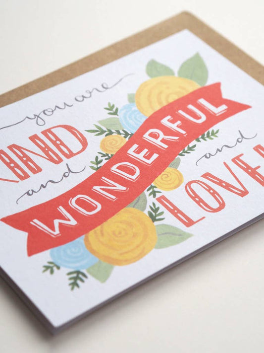 Greeting card with floral design and text on a white background