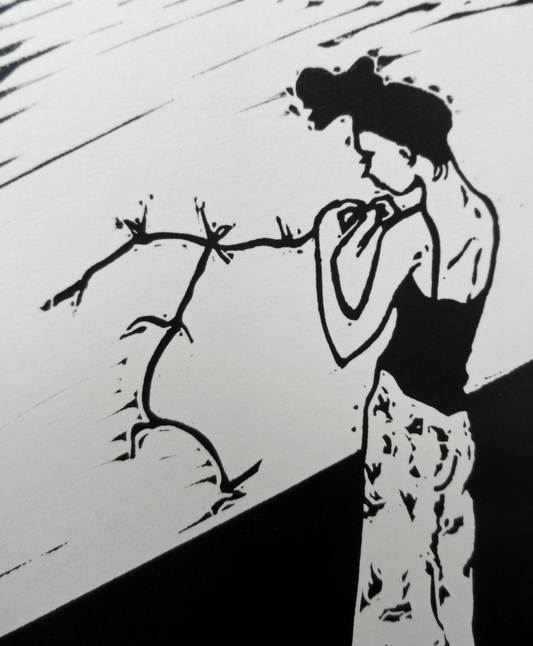 A black and white linocut print of a figure tying up loose ends, with the signature of the artist, Polly Marix-Evans, at the bottom.
