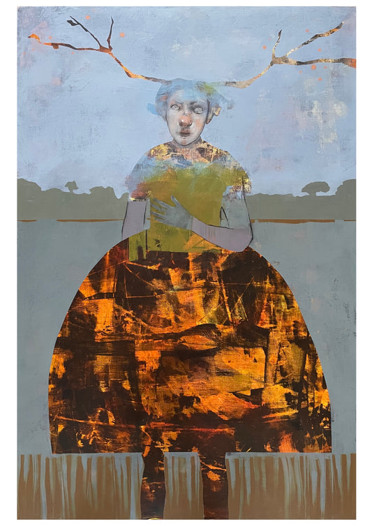 Artistic depiction of a person with a textured brown skirt and abstract elements. Trees Grow in the Shape of her Shadow A3 print Mrs Bertimus