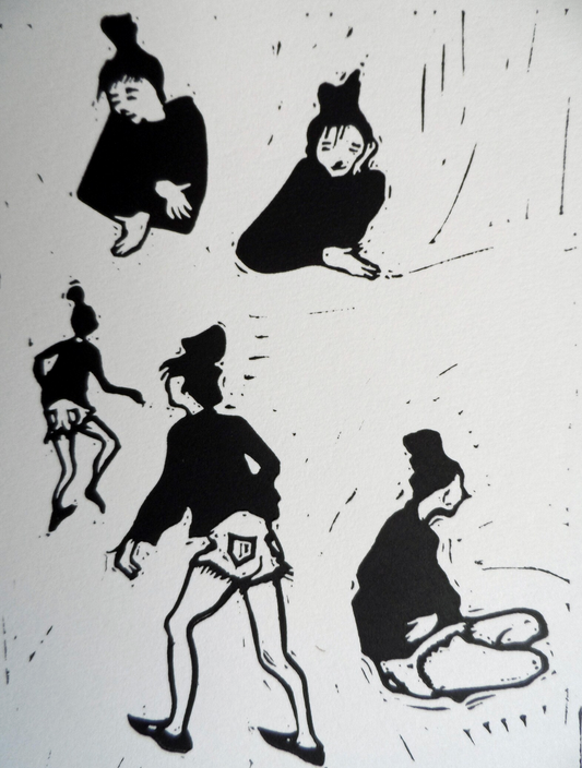 A collection of five black and white linocut prints on white paper, featuring abstract and whimsical human-like figures in various poses by polly Marix Evans- titled Slow