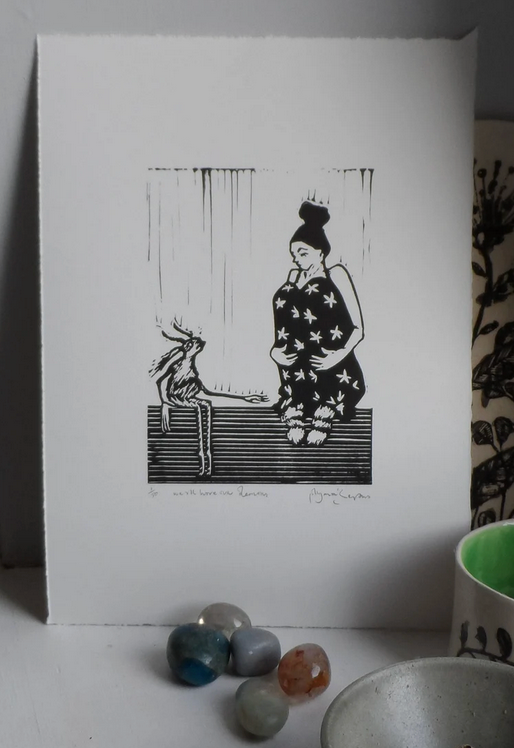 Original editioned linocut by Polly Marix-Evans, depicting a figure with a cat, signed and titled, on smooth white printmaking paper called We All HAve our Demons