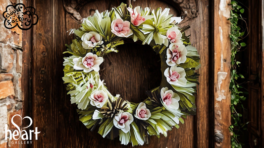 Floral wreath on a wooden door with 'Heart Gallery' and Cloud Facory branding. A workshop in Hebden Bridge West Yorkshire