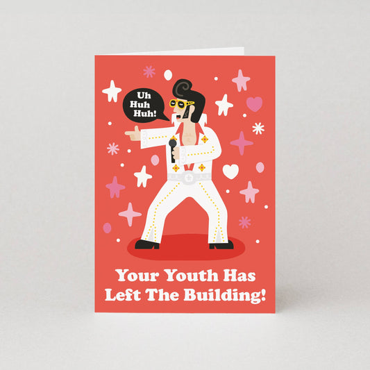 red birthday card featuring elvis, rock and roll, humourous card